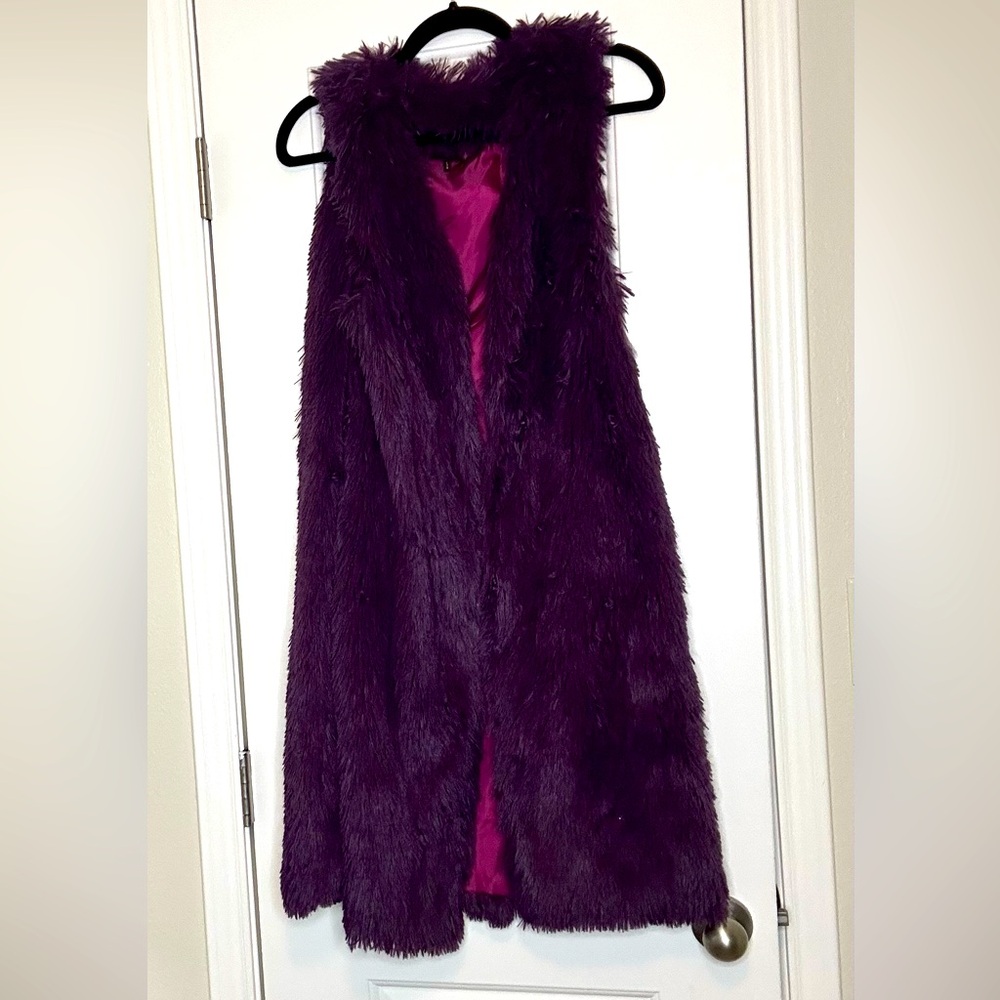 Purple fur knee length vest with pockets